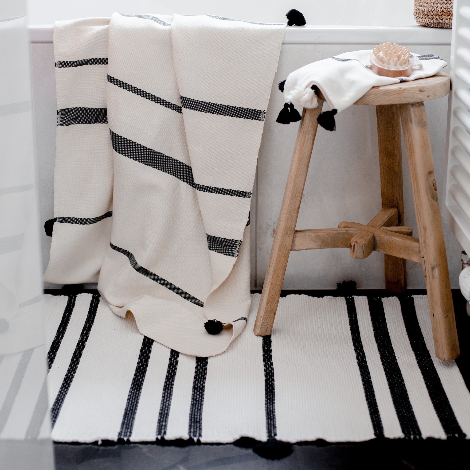 Black and white striped 100% cotton handwoven bath towel.  Bathroom decor from artha collections