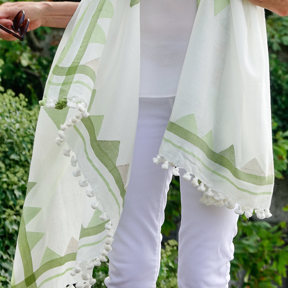 Handwoven cotton Shawl in jamdani with green gold accents on cream by Artha Collections