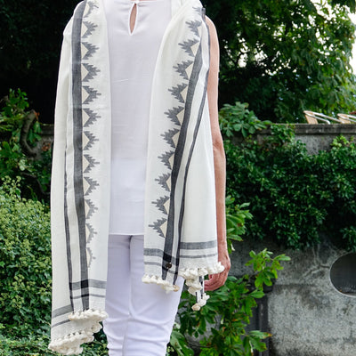 Black and Cream Handwoven Cotton Shawl by Artha Collections