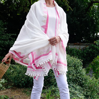 Pink and cream 100% Cotton Shawl Wrap - Artha Collections