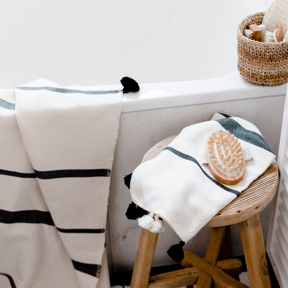 Handwoven Cotton Bath + Hand Towel Set - Black Stripe