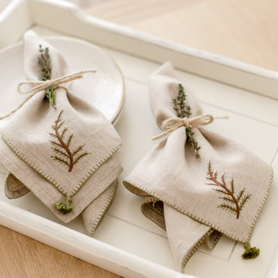 hand embroidered beige linen napkin fern design artha collections