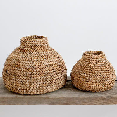 Crocheted banana fiber basket vases from Artha Collections