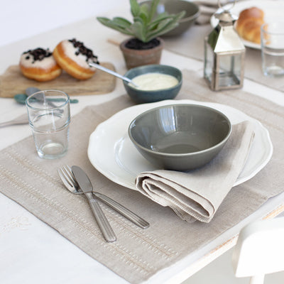 Beige linen placemt table setting by artha collections