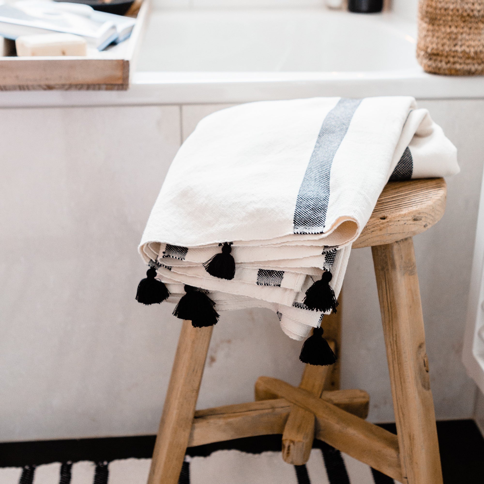 Handwoven Cotton Bath + Hand Towel Set - Black Stripe