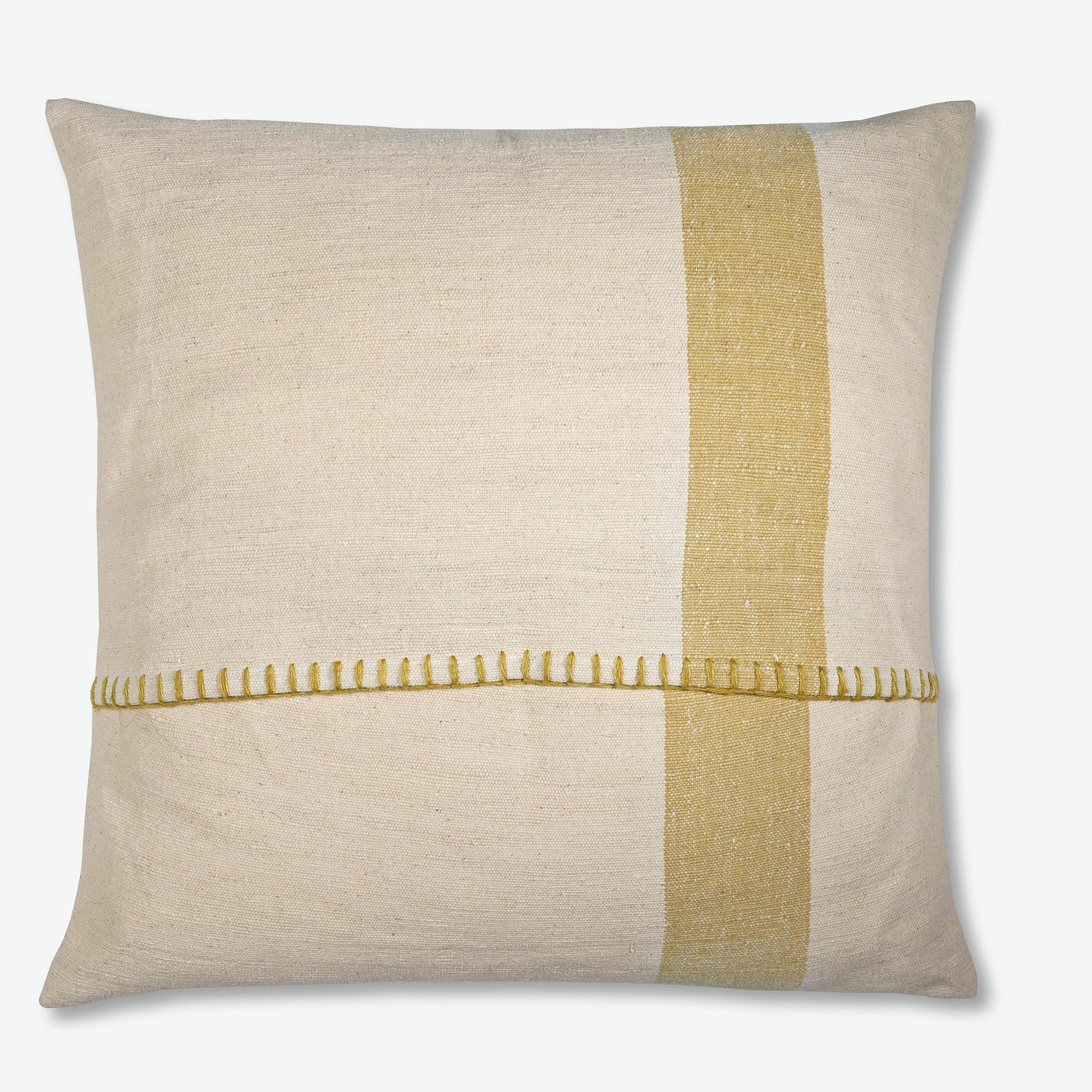 Square throw pillow organic cotton cream with yellow  stripe design handwoven in bhutan from artha collections