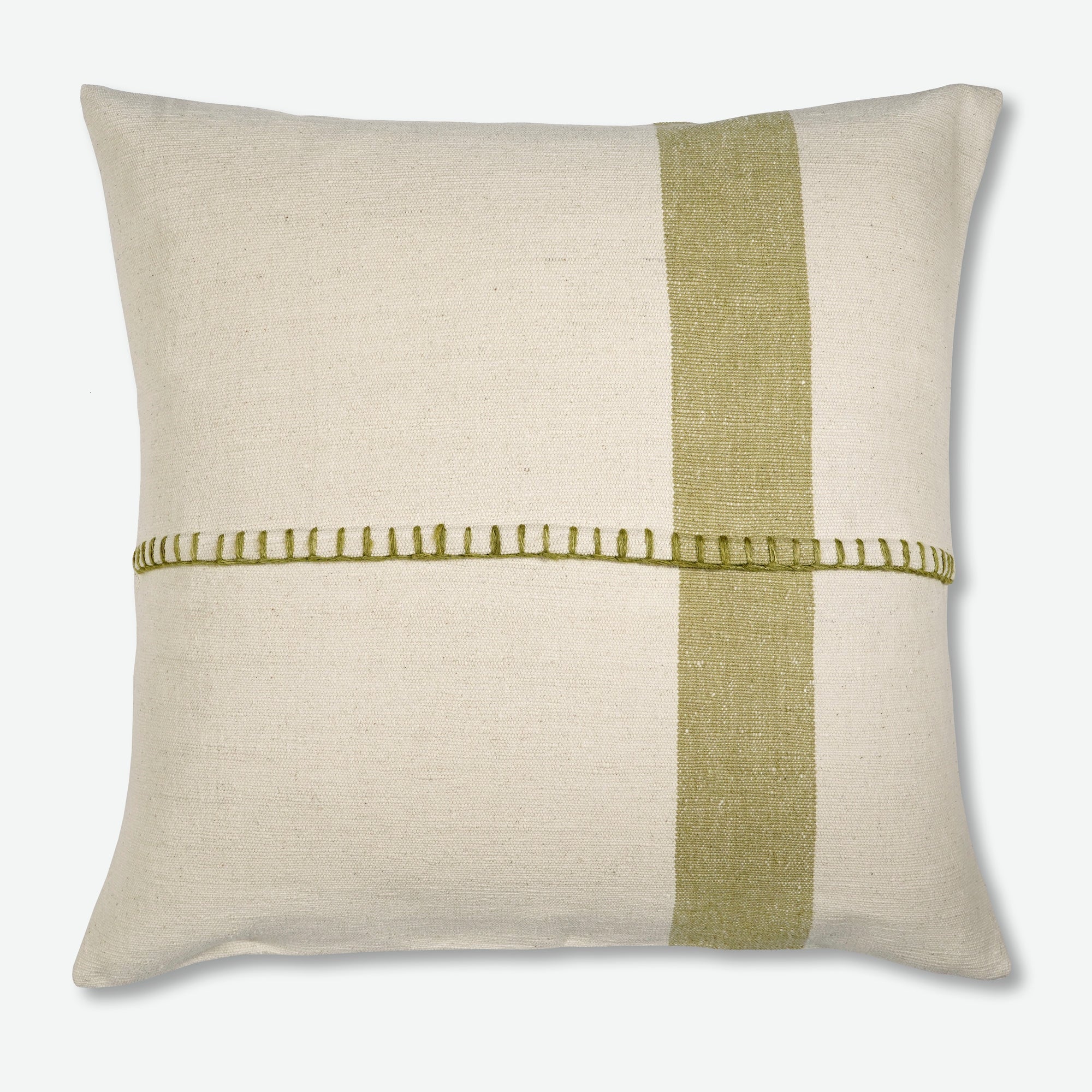 Square throw pillow organic cotton cream with green stripe design handwoven in bhutan from artha collections