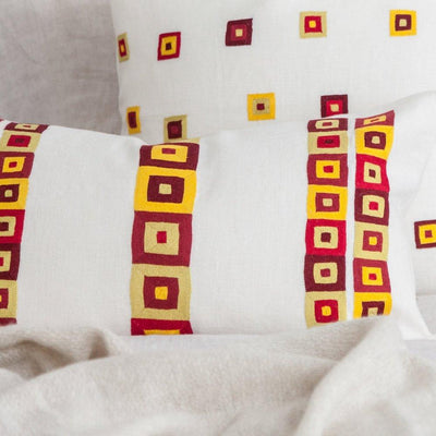 Hand Embroidered cream linen Throw Pillow by Artha Collections