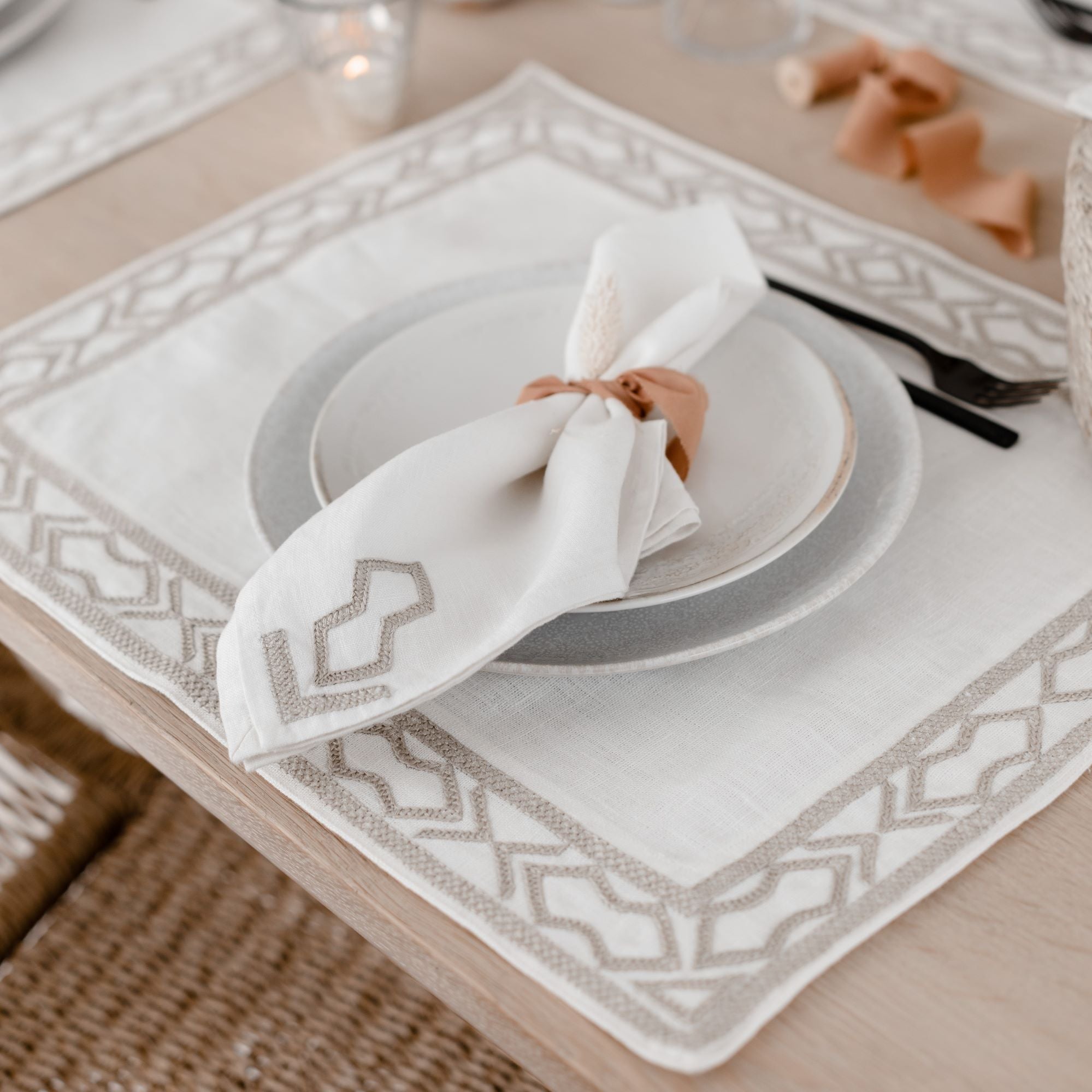 Tablescape with linen placemats and napkins from artha collections