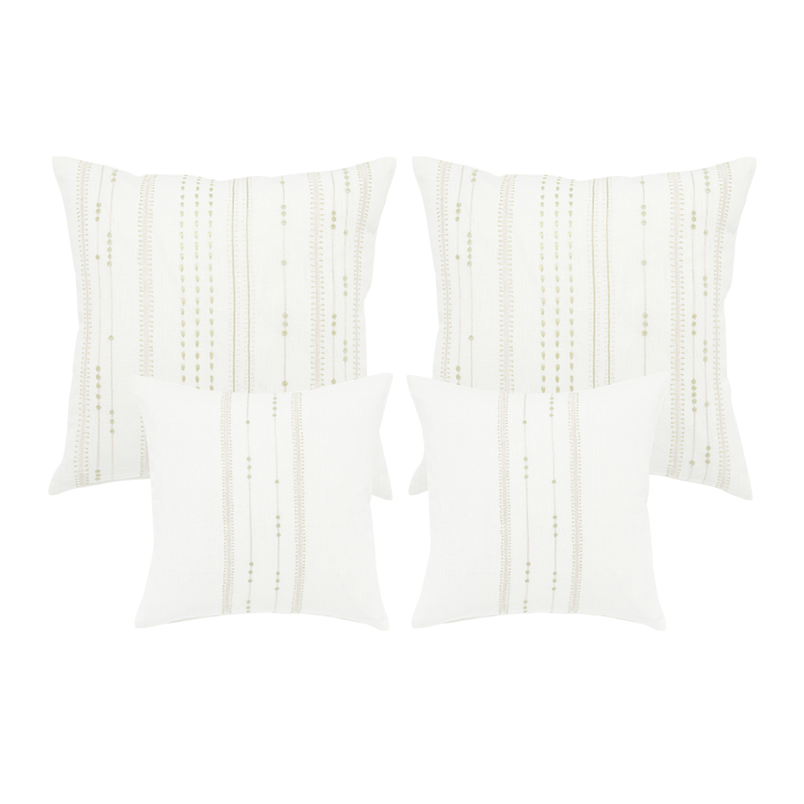 Decorative throw pillow set cream linen with green hand embroidery from Artha Collections