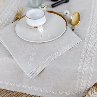 Beige linen table runner petal design border matching napkin by artha collections