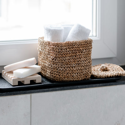 Handwoven banana fiber small storage basket with lid. hand made bathroom decor from artha collections